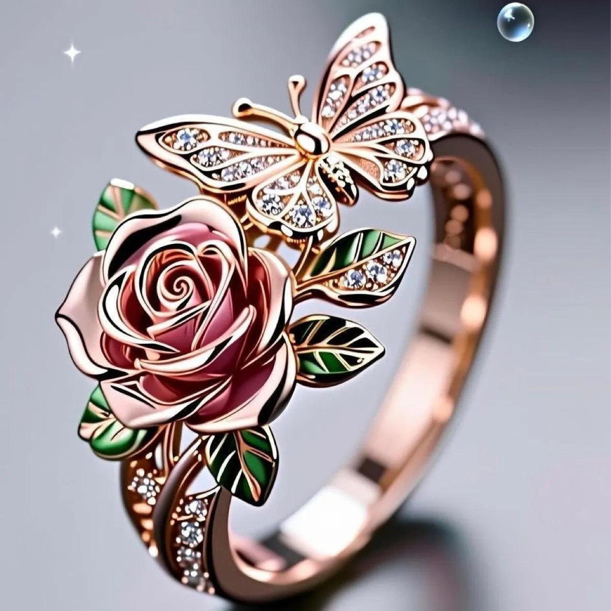 Adjustable alloy personality ring with colourful dripping oil finish showing butterfly and floral modelling