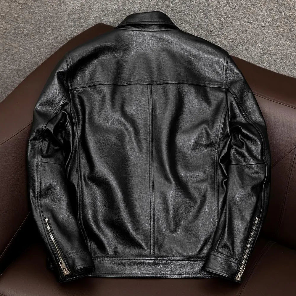 Men's black PU leather lapel jacket shown on a model, featuring side seam pockets and a loose fit.