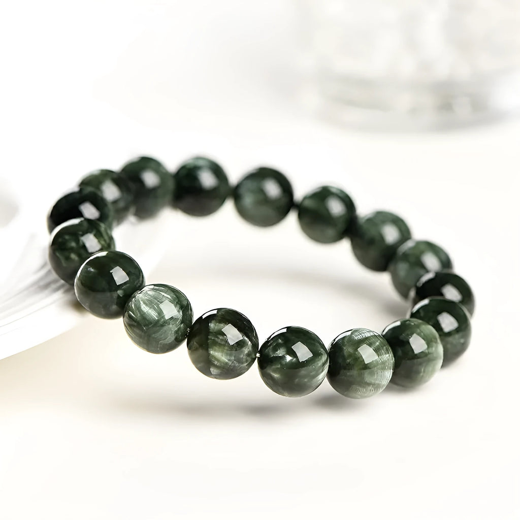 Natural Green Dragon Crystal bracelet with 8mm to 9mm round beads and Ruyi style design