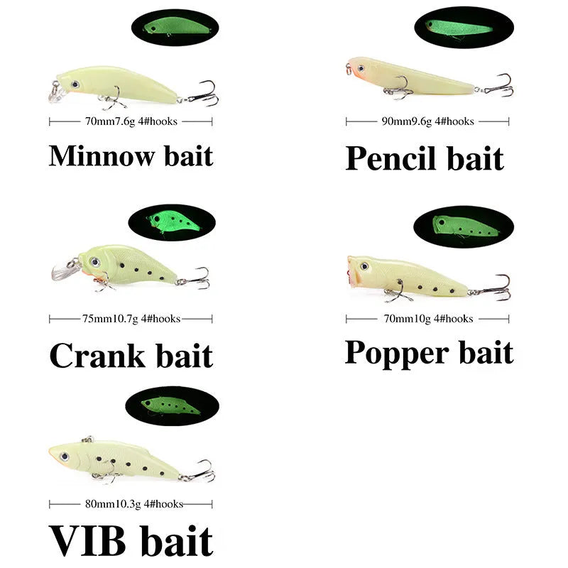 Five 3D fluorescent hard fishing baits with luminous simulation designs in a set