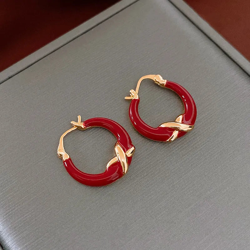 Real gold plating red enamel earrings for women copper geometric ear clip letter motif