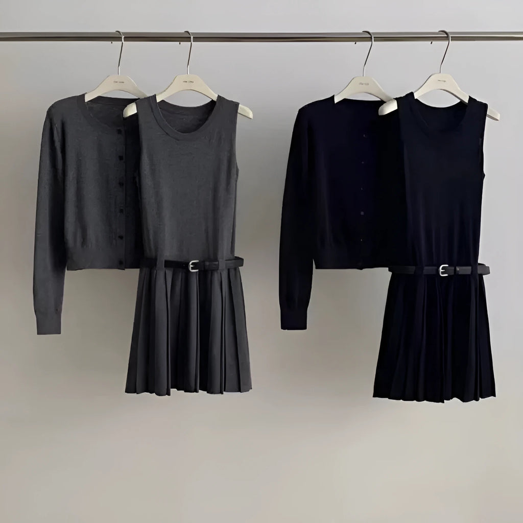 Grey and black women's knitted vest skirt and long-sleeved cardigan two-piece set with a belt.