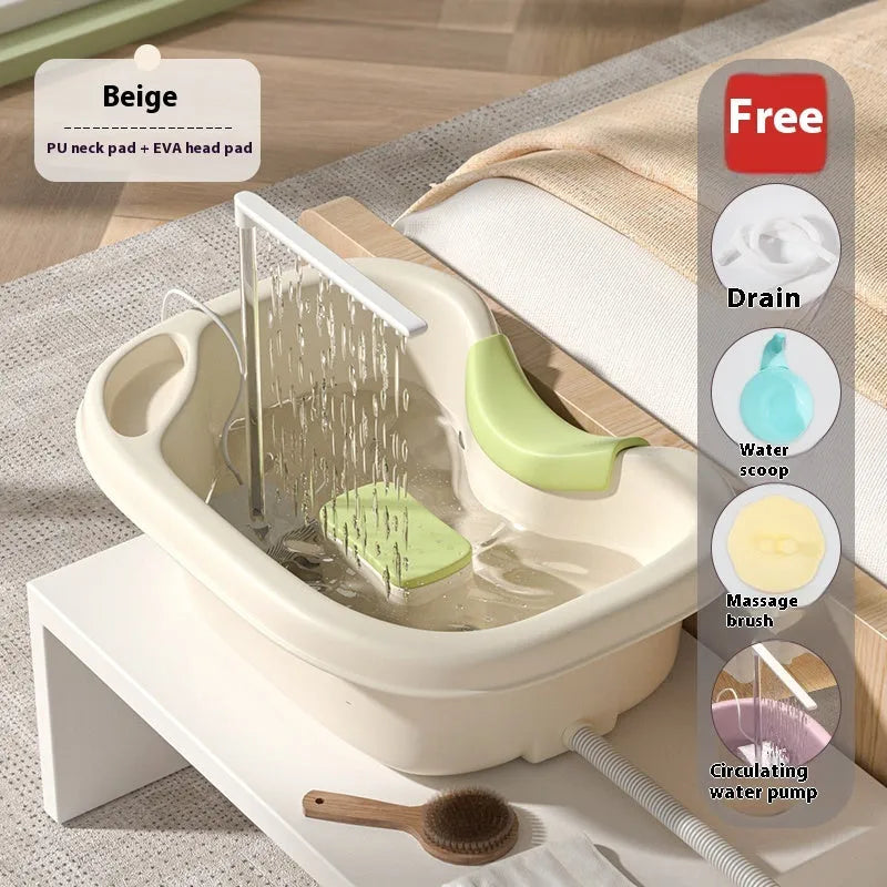 Shampoo basin for bed use with head pillow and water pump in light pink and beige colours