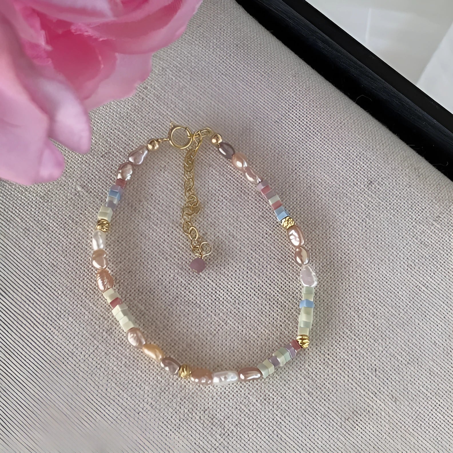Natural pearl bracelet and necklace set with 14K gilded purple finish in irregular U-shaped design