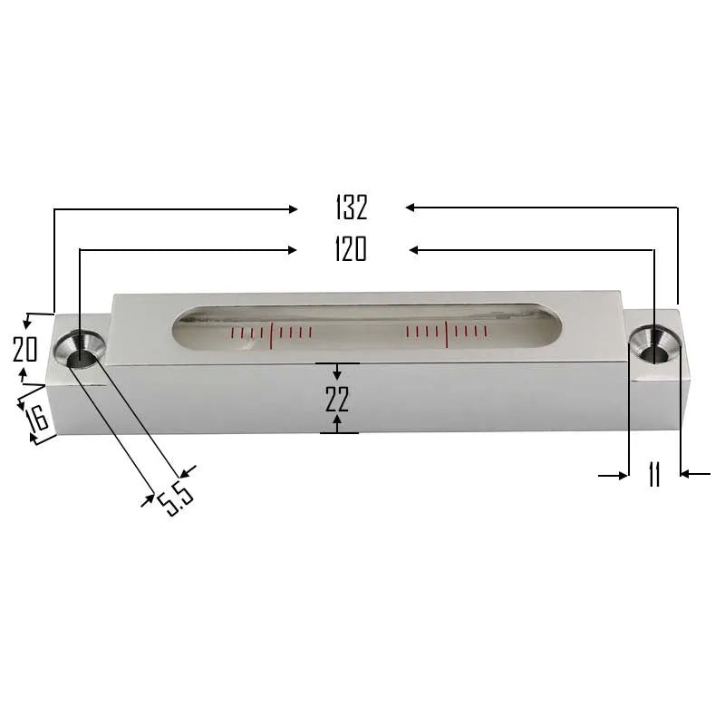 Mini spirit level with metal frame and glass vial for precision machine tool measurement