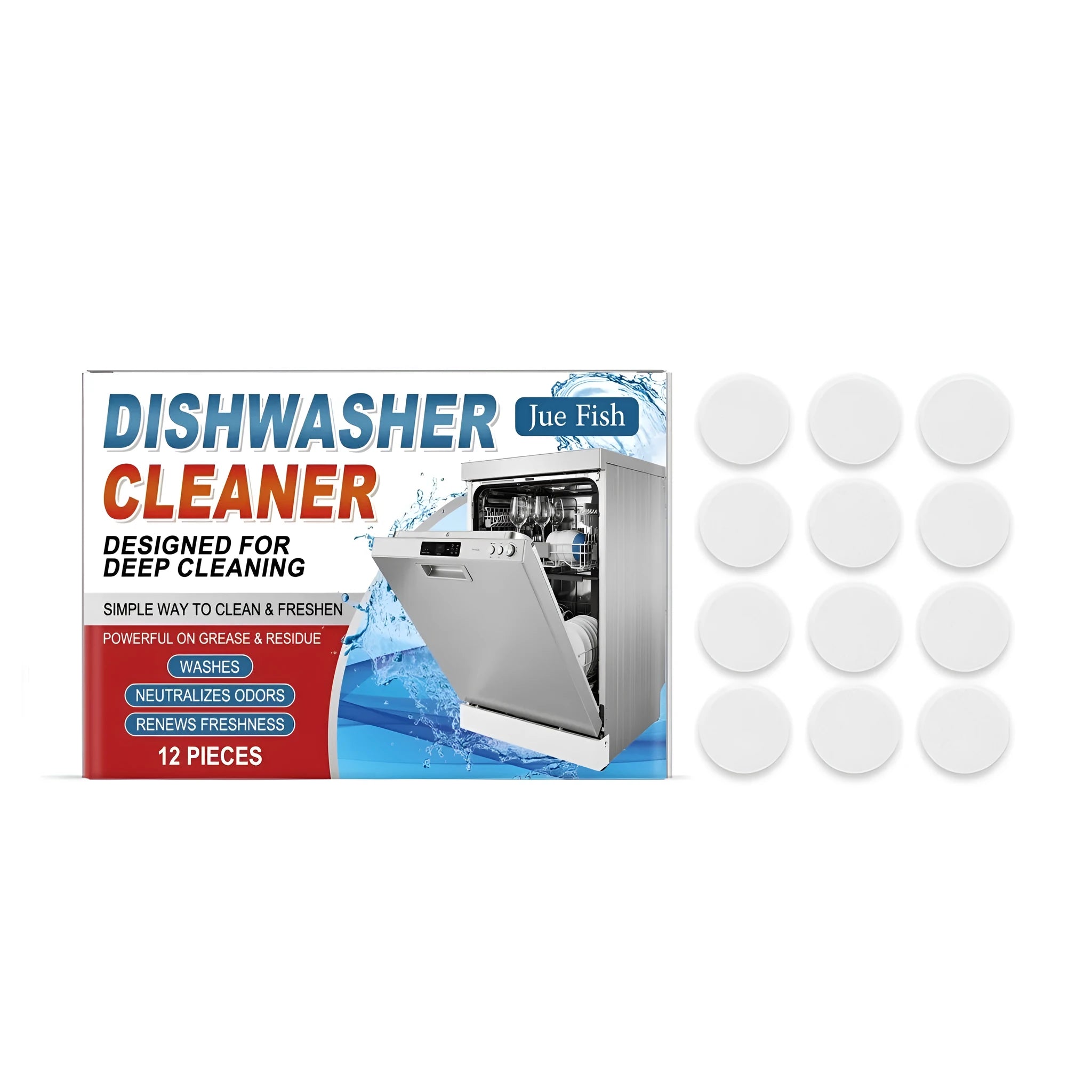 Pack of 12 dishwasher cleaning tablets for descaling and removing detergent residue
