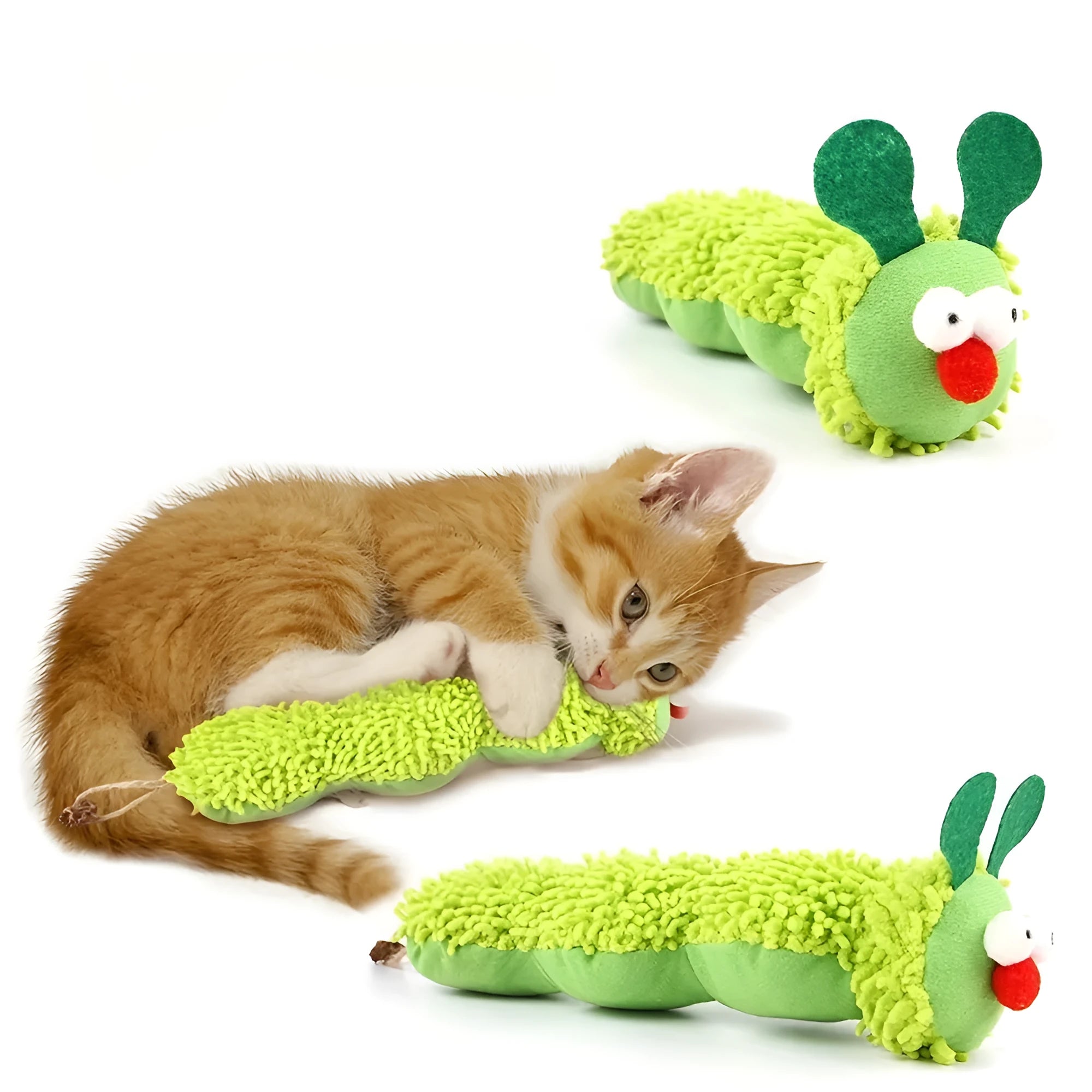 Green interactive plush cat toy pillow with sports design measuring 24cm long