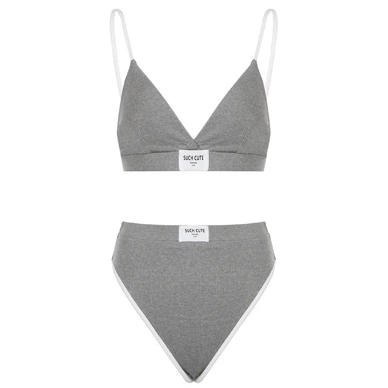 Women's grey contrast binding embroidery bikini set with sleeveless top and shorts pants