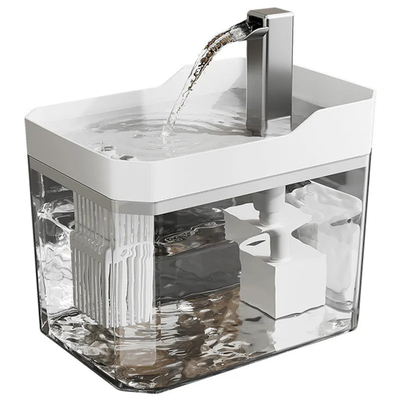 Cat water fountain in matte grey plastic with 1.5L tank and circulating pump for pet hydration