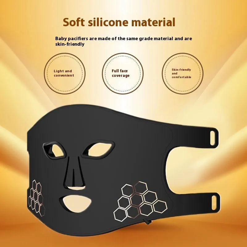 Black photon therapy LED mask with neck treatment panel and four-colour light therapy system