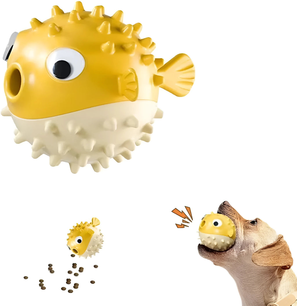 Interactive dog chew toy with fish shape design, available in green, red and yellow colours
