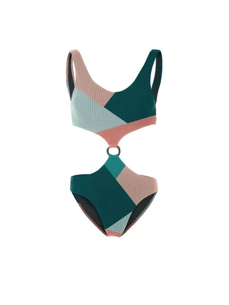 Contrast colour bikini two-piece set with mesh gauze skirt in suit colour for women