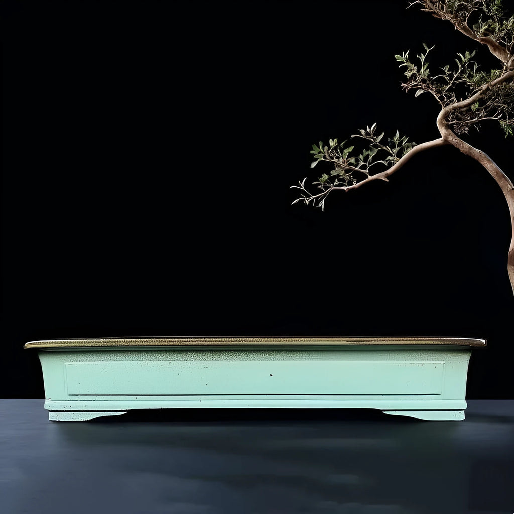 Green handmade ceramic bonsai flower pot with purple sand crackled glaze