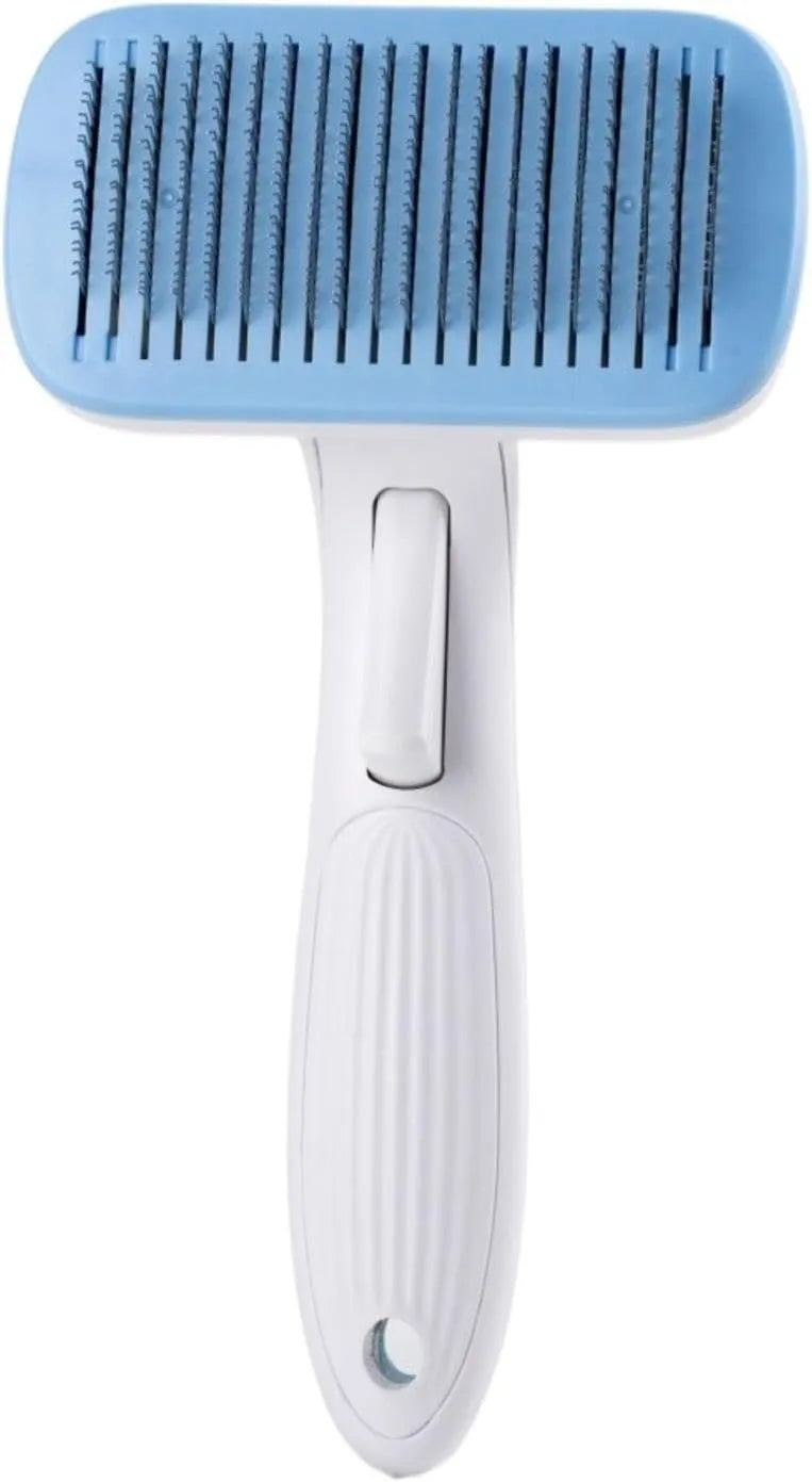 Automatic pet hair removal comb for dogs and cats showing one-click operation mechanism