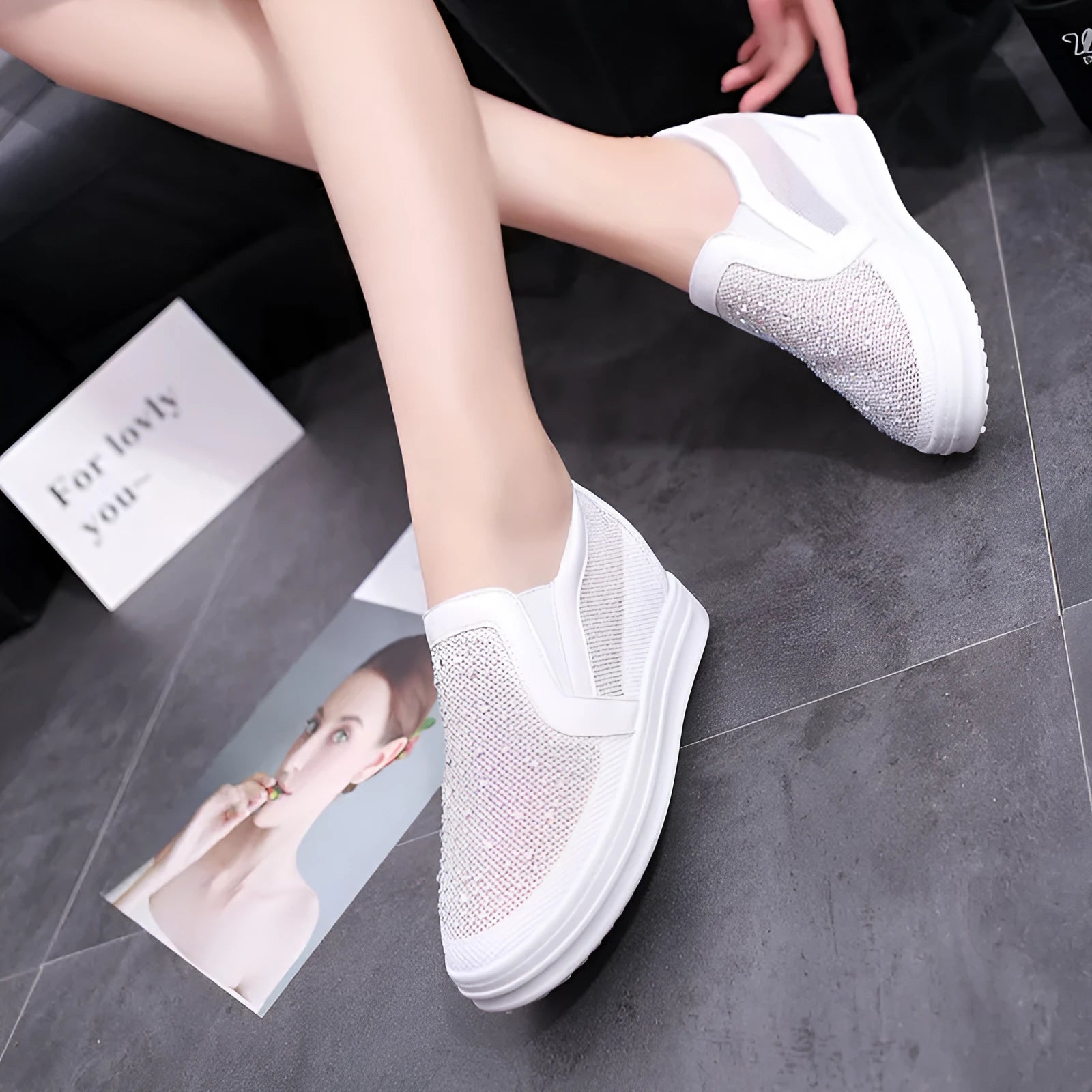 Women's breathable mesh wedge slip-on shoes with rubber sole in white and black, sizes 35-40