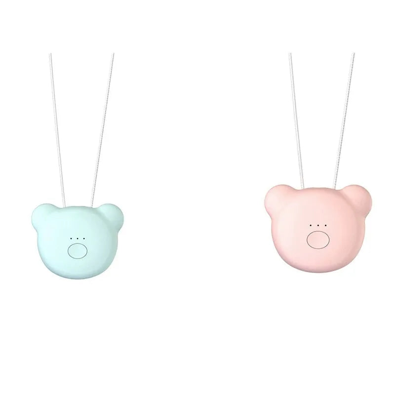 Mini USB portable air purifier necklace in blue colour, showing wearable design and single button.