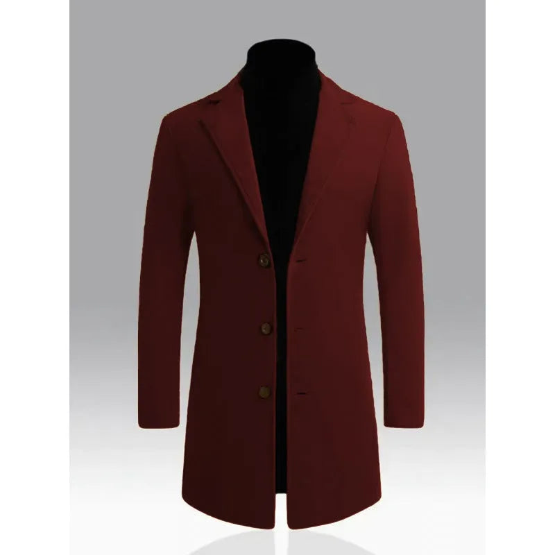 Men's solid colour slim fit trench coat, mercerised polyester, mid-length, side seam pockets, available in black.