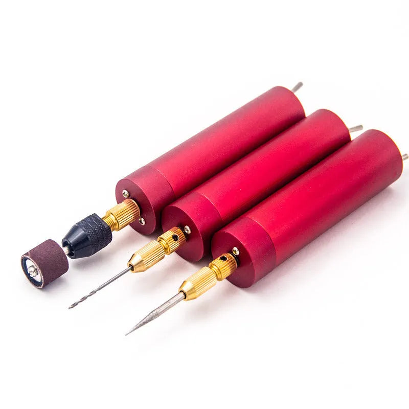 Mini USB electric grinder with aluminium body, two drill chucks, and three bits for resin crafting