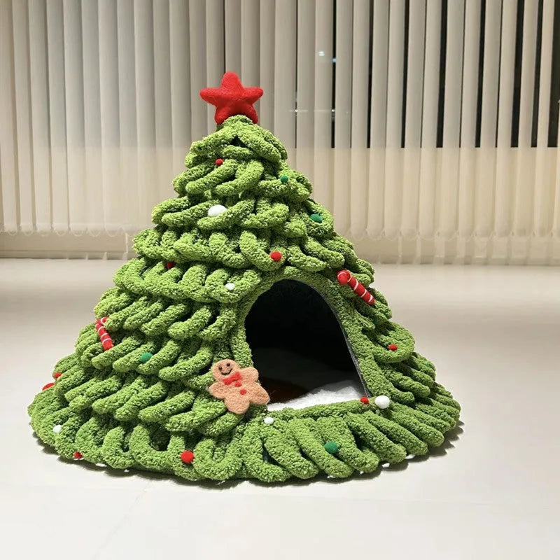Christmas handmade felt tent style enclosed cat nest in grey, 50cm diameter, for cats under 12 pounds