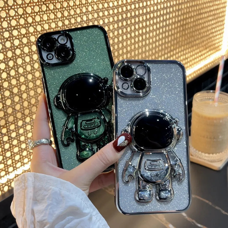 Astronaut spaceman quicksand electroplating phone case with glitter powder for iPhone 13 12 11