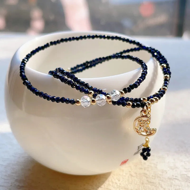 Blue and gold sand stone cut layered bracelet with three-ring clasp for women