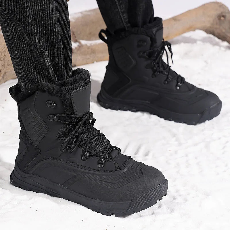 Men's black fleece-lined high-top lace-up boots with tall crown and TPR rib sole