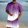 Man wearing a loose-fit, short-sleeved polyester top and matching shorts from the summer leisure suit set.