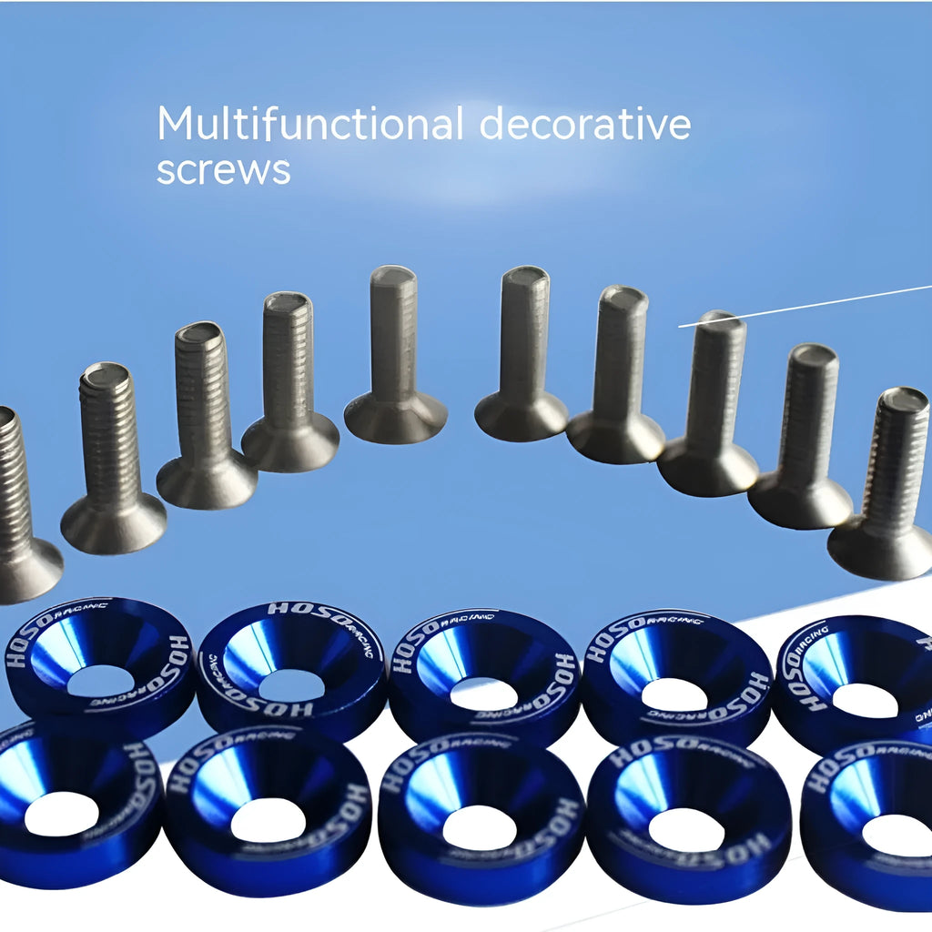 Ten car modification gasket screws with washers in eight colour options on a white background