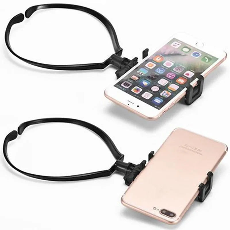 Wearable neck phone holder in black, ABS construction, 180 degree adjustable angle for hands-free use