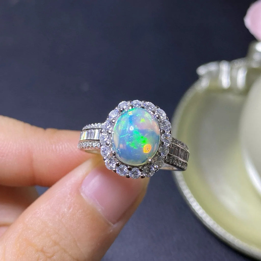 Natural opal handmade silver ring with adjustable opening band in rose gold finish