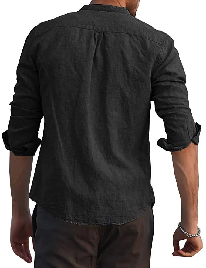 European and American summer casual plain long-sleeved cardigan in hemp blend fabric, loose fit, standing collar, available in multiple colours and sizes
