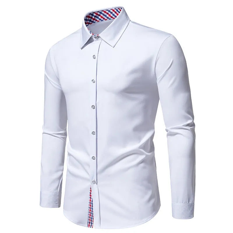 Men's casual loose plaid stitching long-sleeved shirt in white, size L, for leisure wear