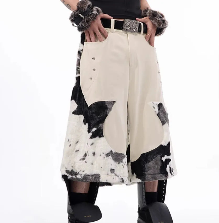Stitching milk fiber fur cropped pants with personalised patterns in picture colour, front view