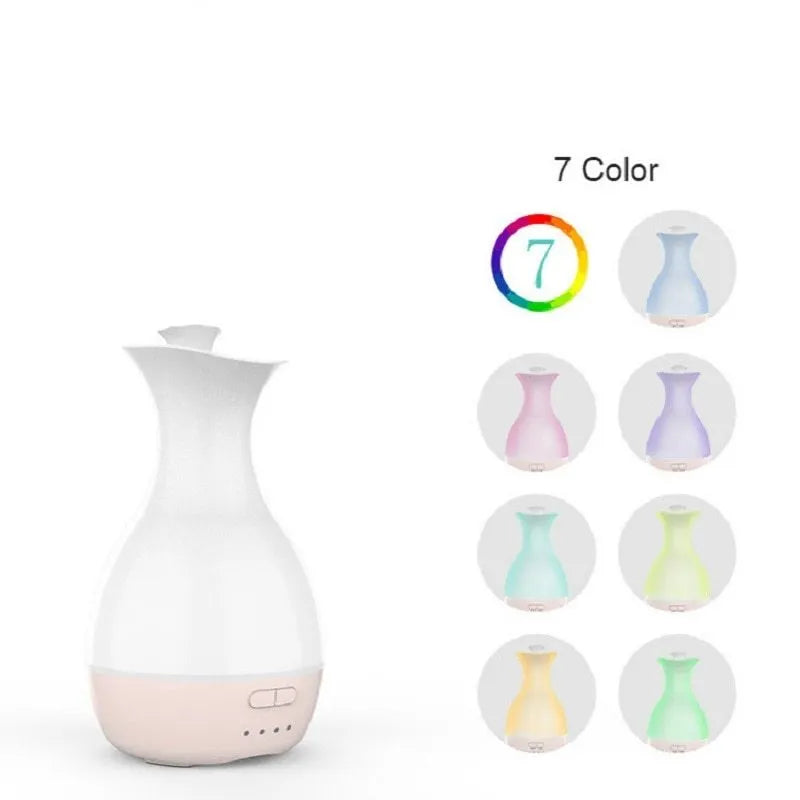 White ultrasonic aromatherapy vase diffuser with colourful LED night light and water tank