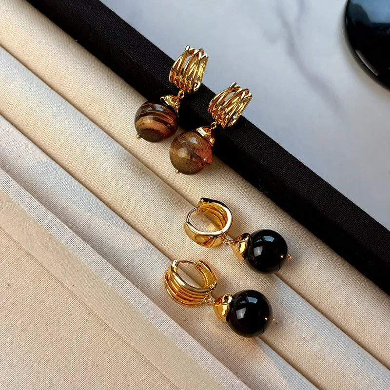Geometric circular tigereye earrings with gold plating in French retro style