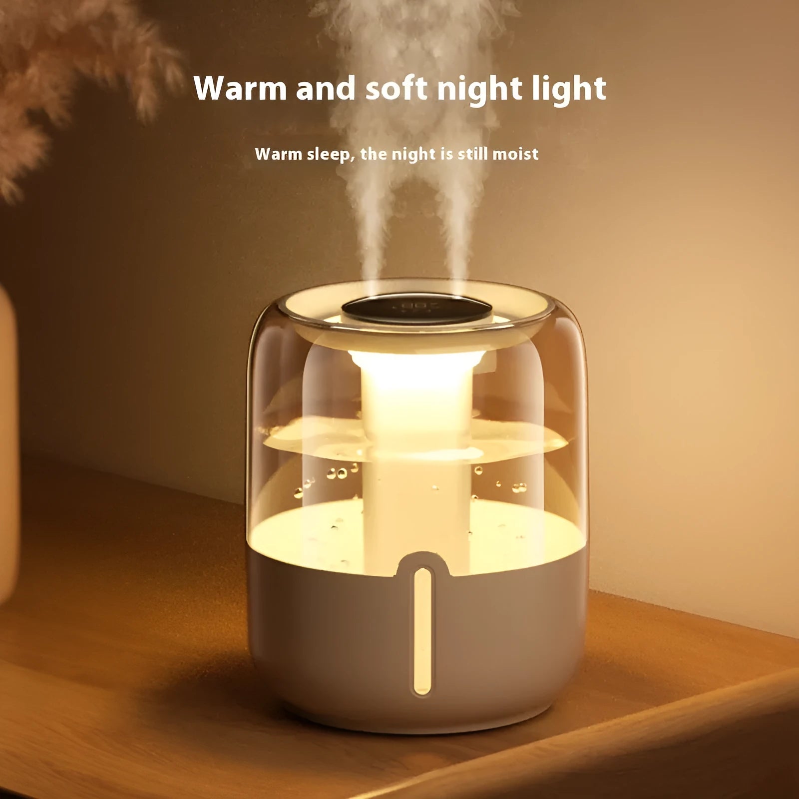 Beige round USB humidifier with dual spray nozzles and a front humidity display panel.