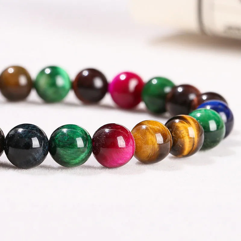 Natural colourful Tigereye round bead bracelet on lace cord, size 10mm beads, unisex style