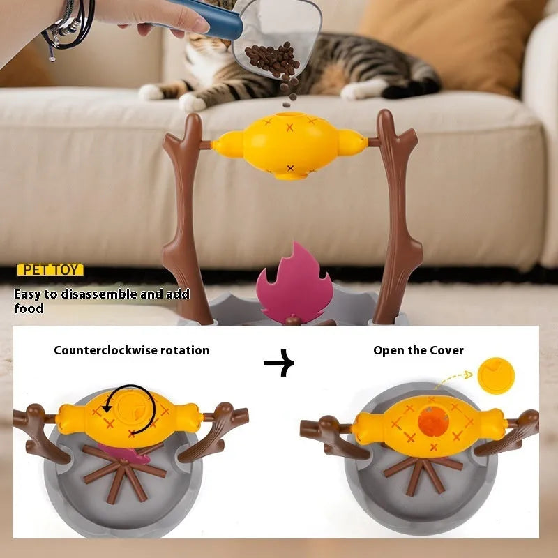 Barbecue-style tumbling cat food feeder toy measuring 30cm with plastic construction
