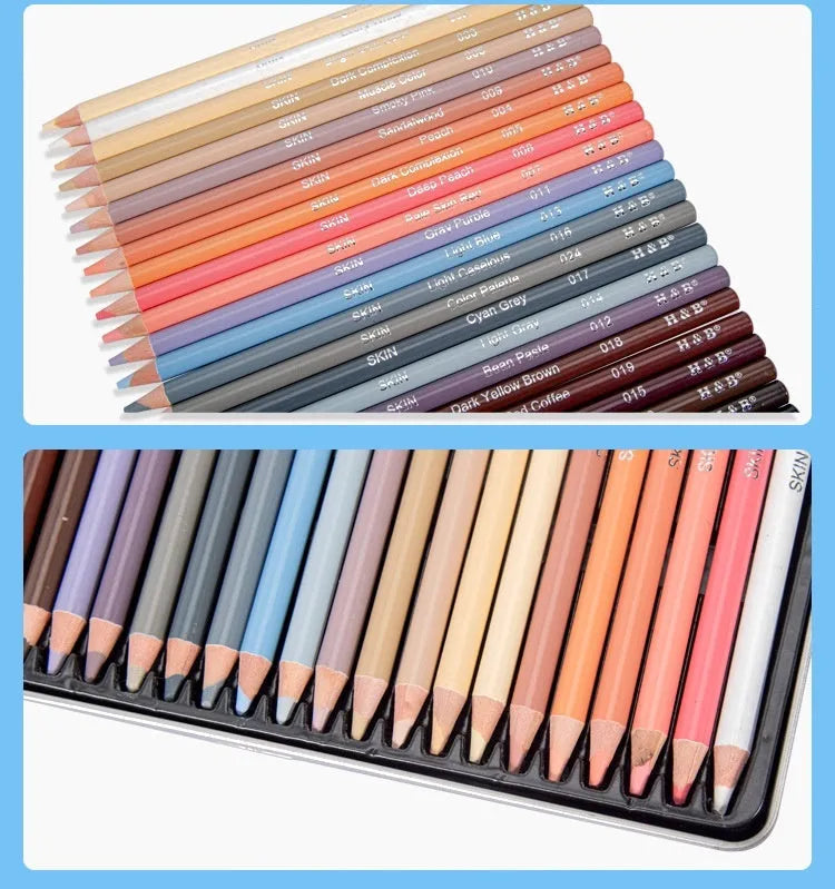 24 skin tone art pencils in round iron storage box for portrait drawing