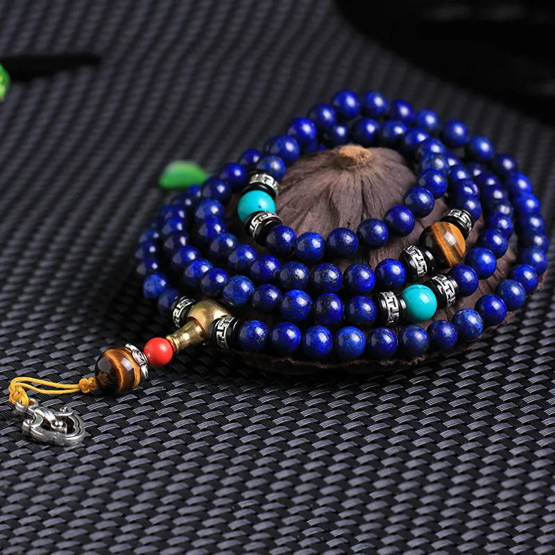 Natural Lapis Lazuli 108 bead bracelet unisex style 6mm or 8mm beads with animal and zodiac design