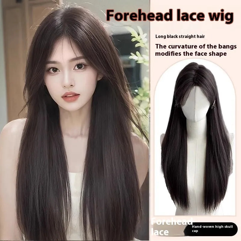 Forehead lace long straight hair full-head wig with side bangs in dark brown