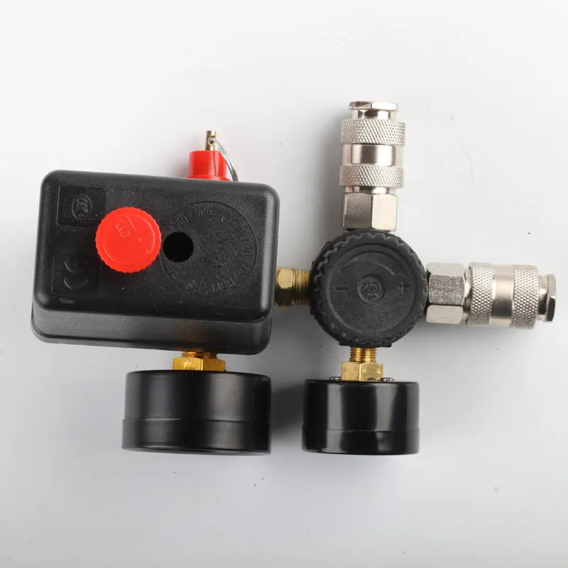 Air compressor pressure switch with European style assembly showing 12mm connector and pressure gauge