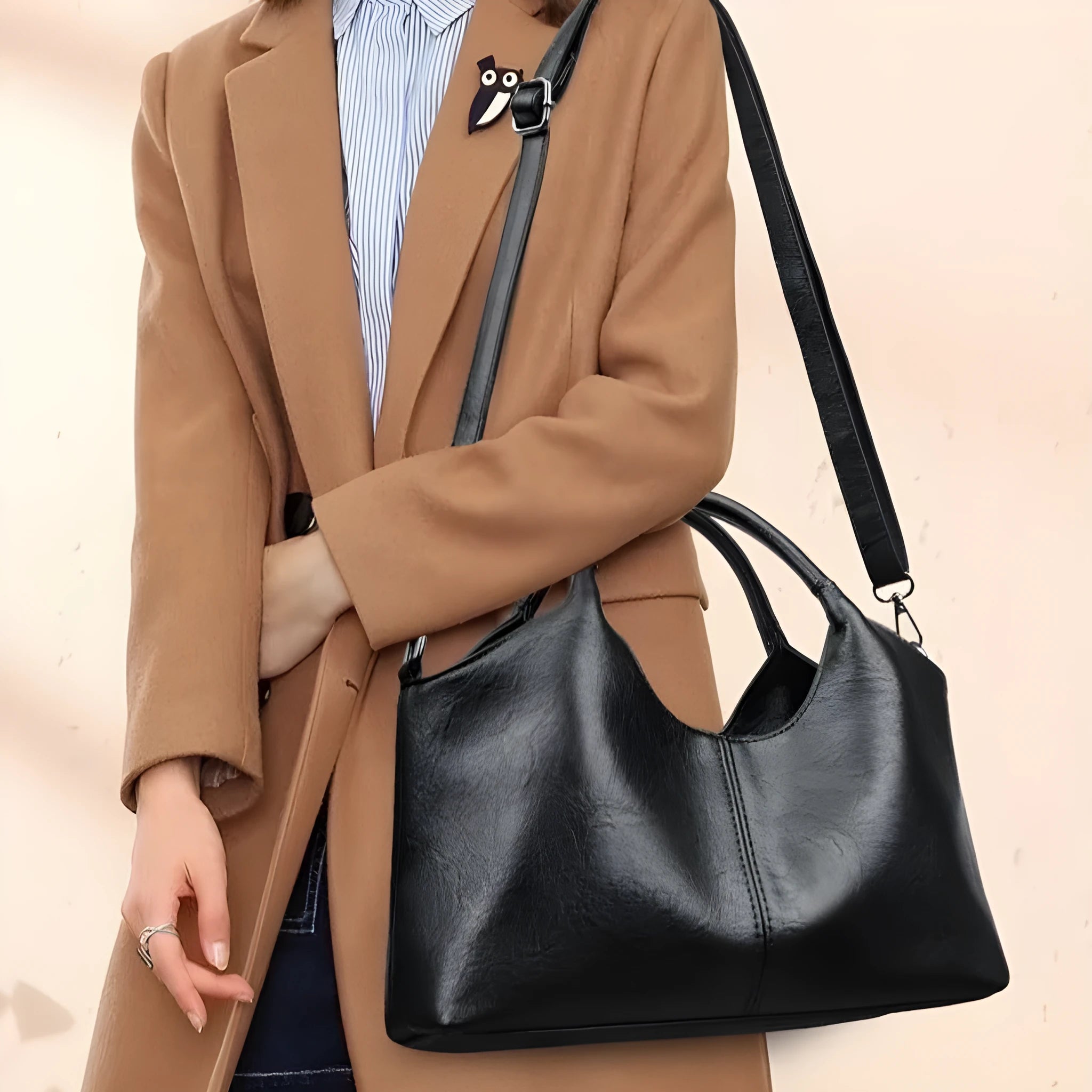 Women's genuine leather large capacity crossbody bag in beige with soft texture and polyester lining