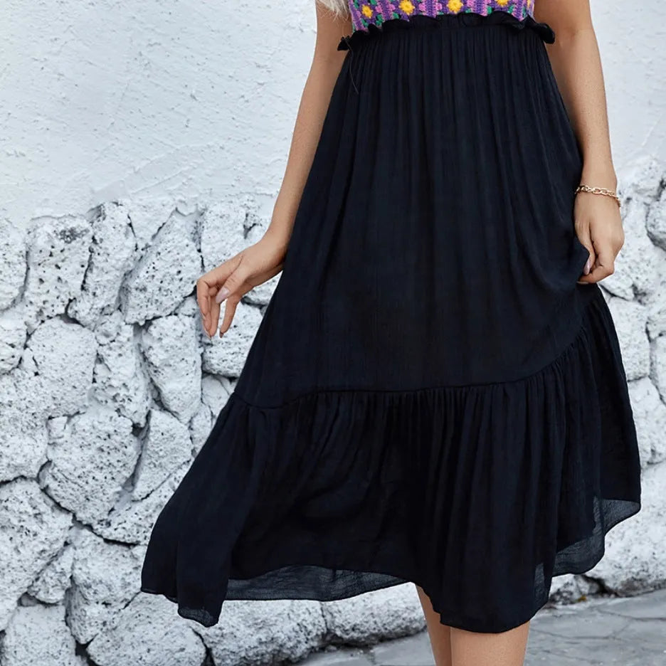 Purple sleeveless dress with hand-stitched floral embroidery, cotton blend fabric, free size fit for women