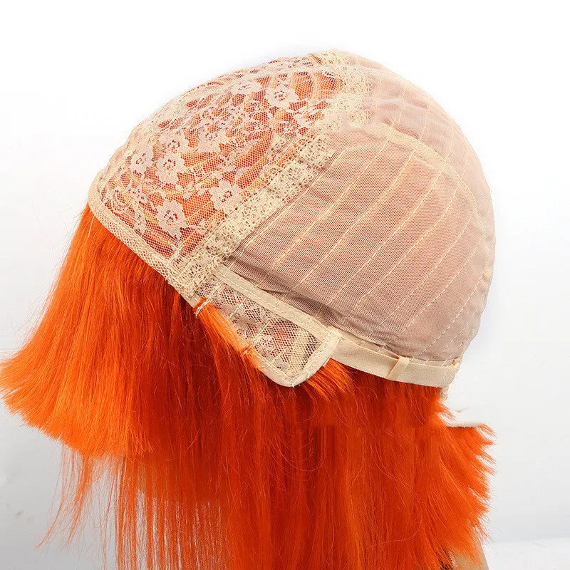 Real hair short straight wig with Qi bangs and full mechanism cap in 10 inch length on a mannequin head