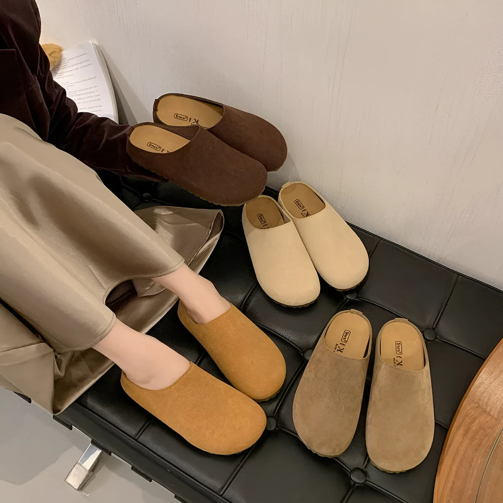 Korean style square toe slippers in apricot colour with microfiber upper and PU sole