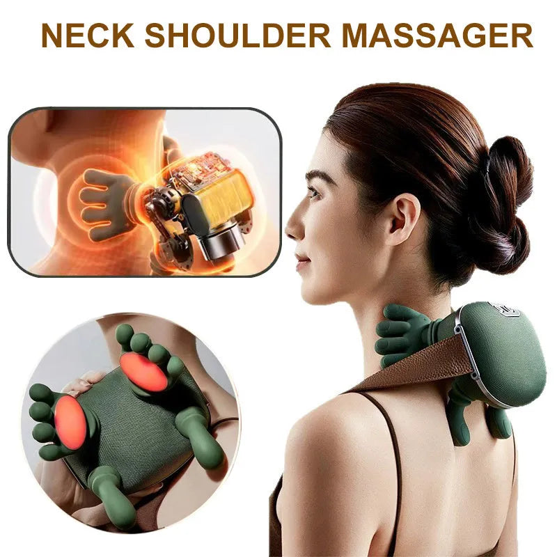 Moss green electric neck and shoulder massager with 4D kneading and heat, cordless design, 211x184x158mm