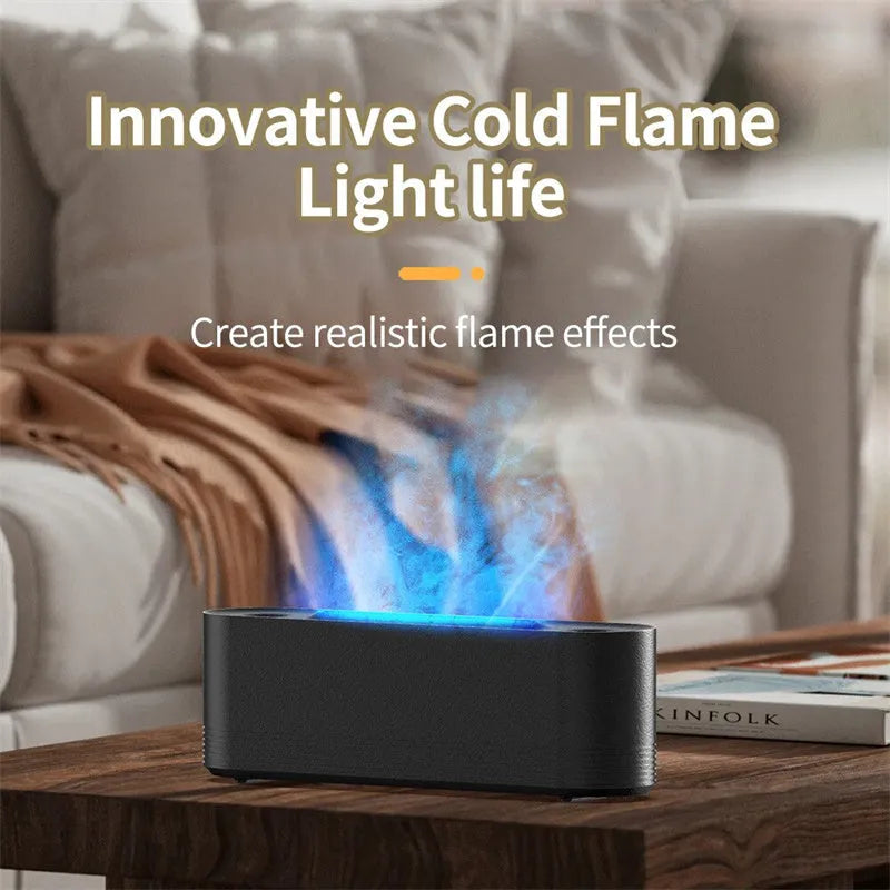 Black Flame Air ultrasonic humidifier emitting cool mist with multicolour LED flame light effect