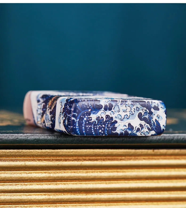 Colored lacquer windproof lighter with Kanagawa surf design, steel inner liner, copper housing, 58x39mm