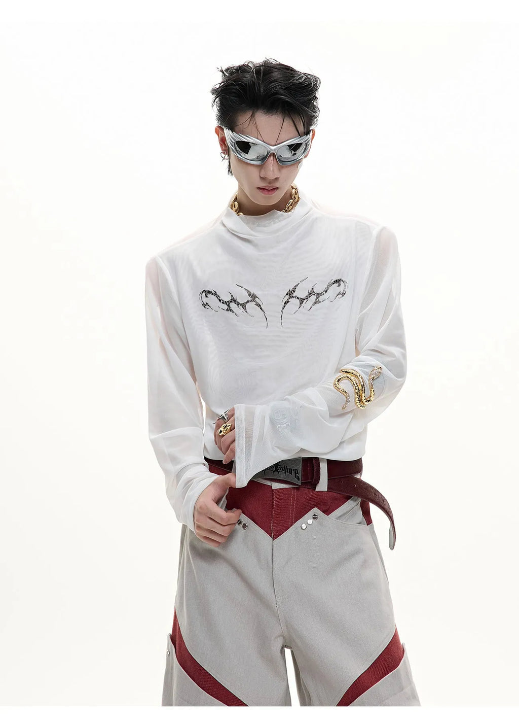 Niche Mesh slim fit long sleeve shirt in black or white, made from polyester and spandex fabric.
